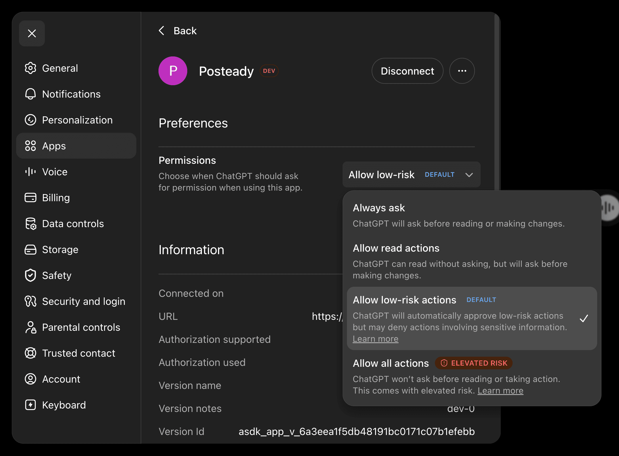 ChatGPT's Posteady permissions setting