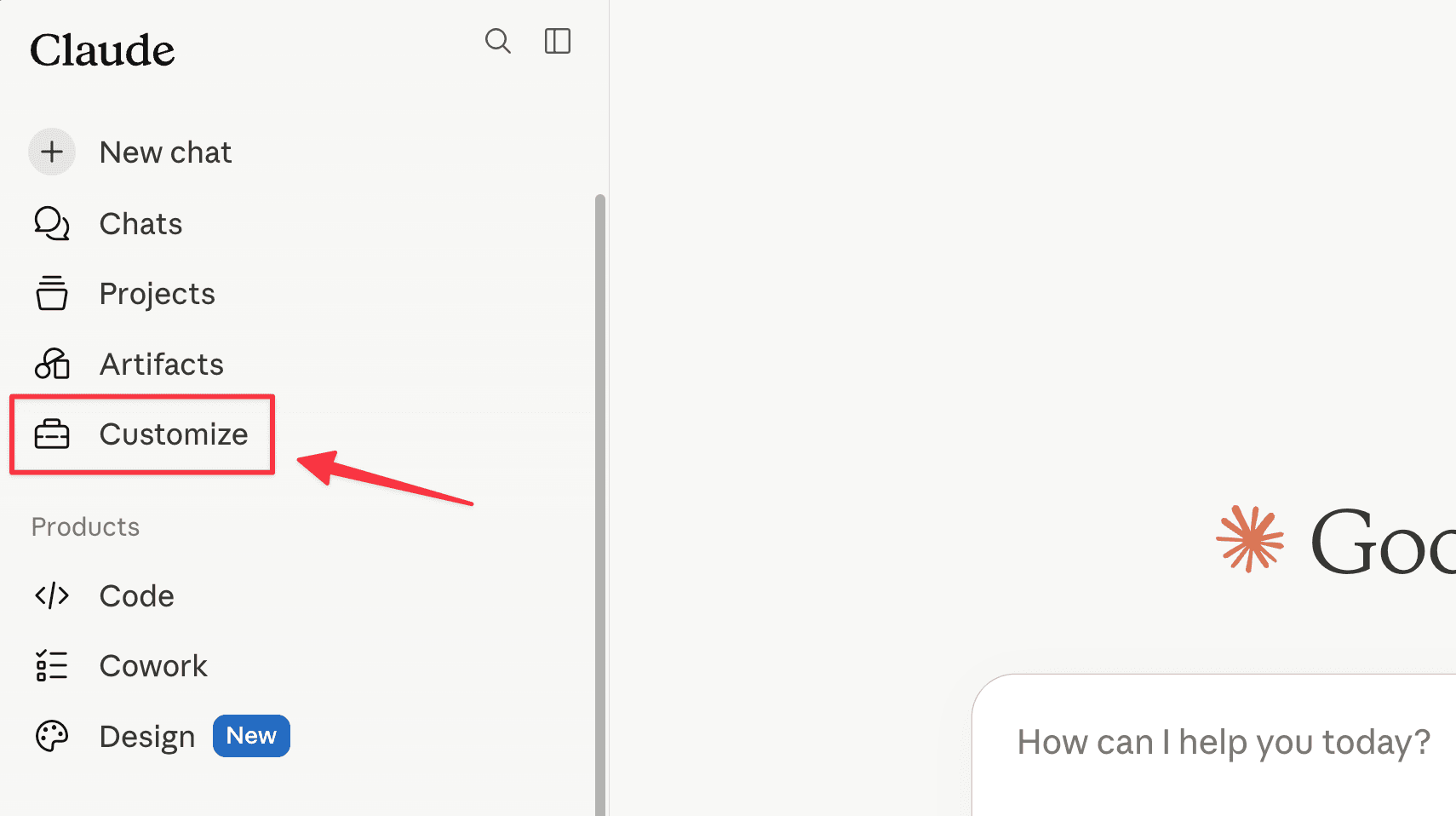 Customize in Claude's sidebar