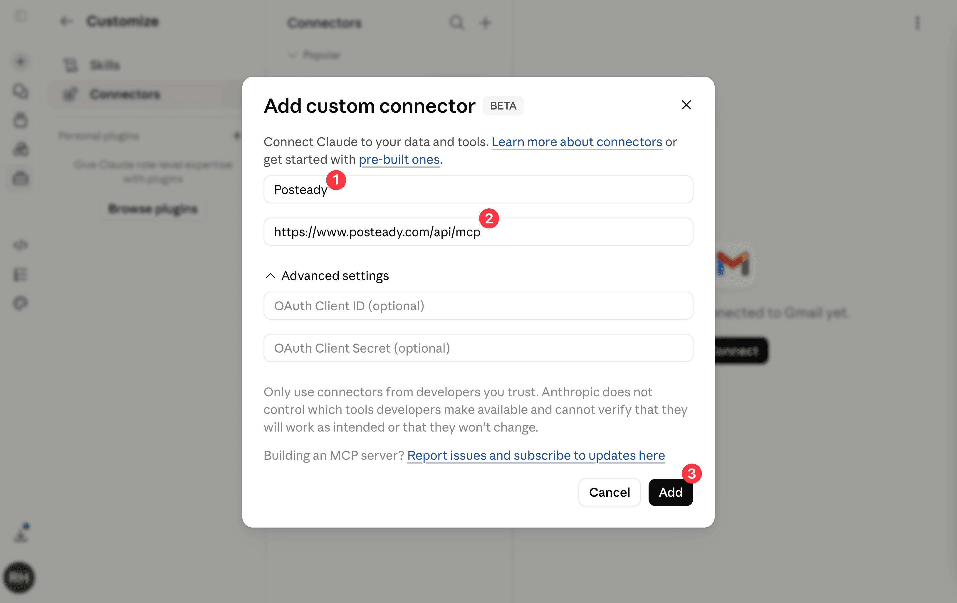 Add custom connector dialog